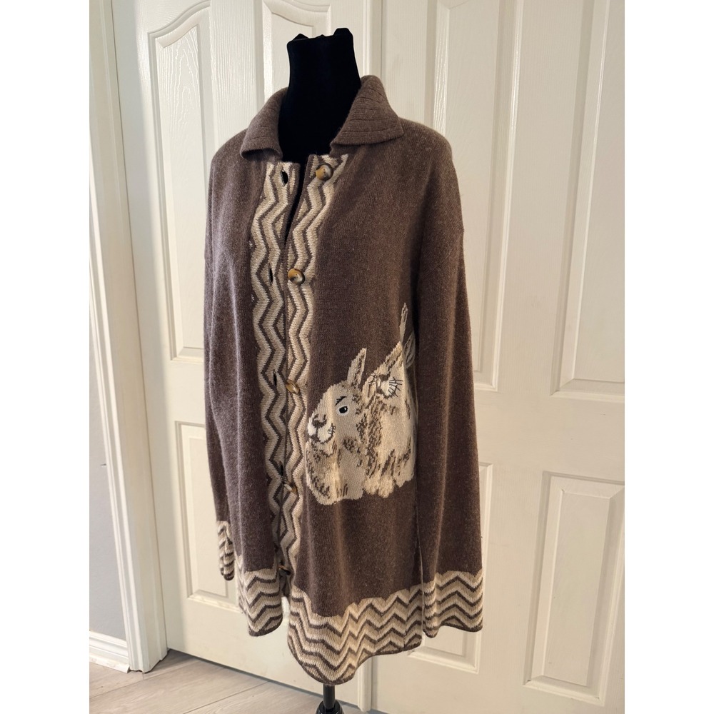 A. Alexander Italy Brown Wool Silk Bunny Rabbit Intarsia Long Cardigan Sweater M